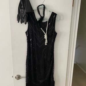 Black sequin flapper dress with pearls, headpiece, gloves size medium